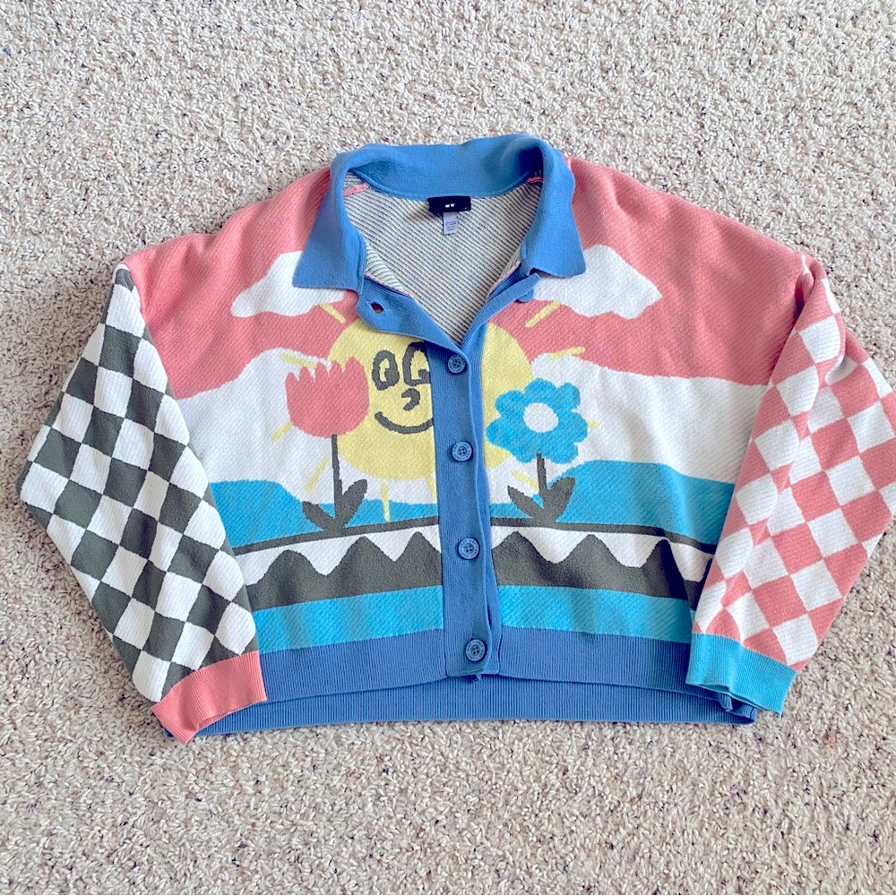 Lazy Oaf Sun Sweater color block abstract button up  XL
